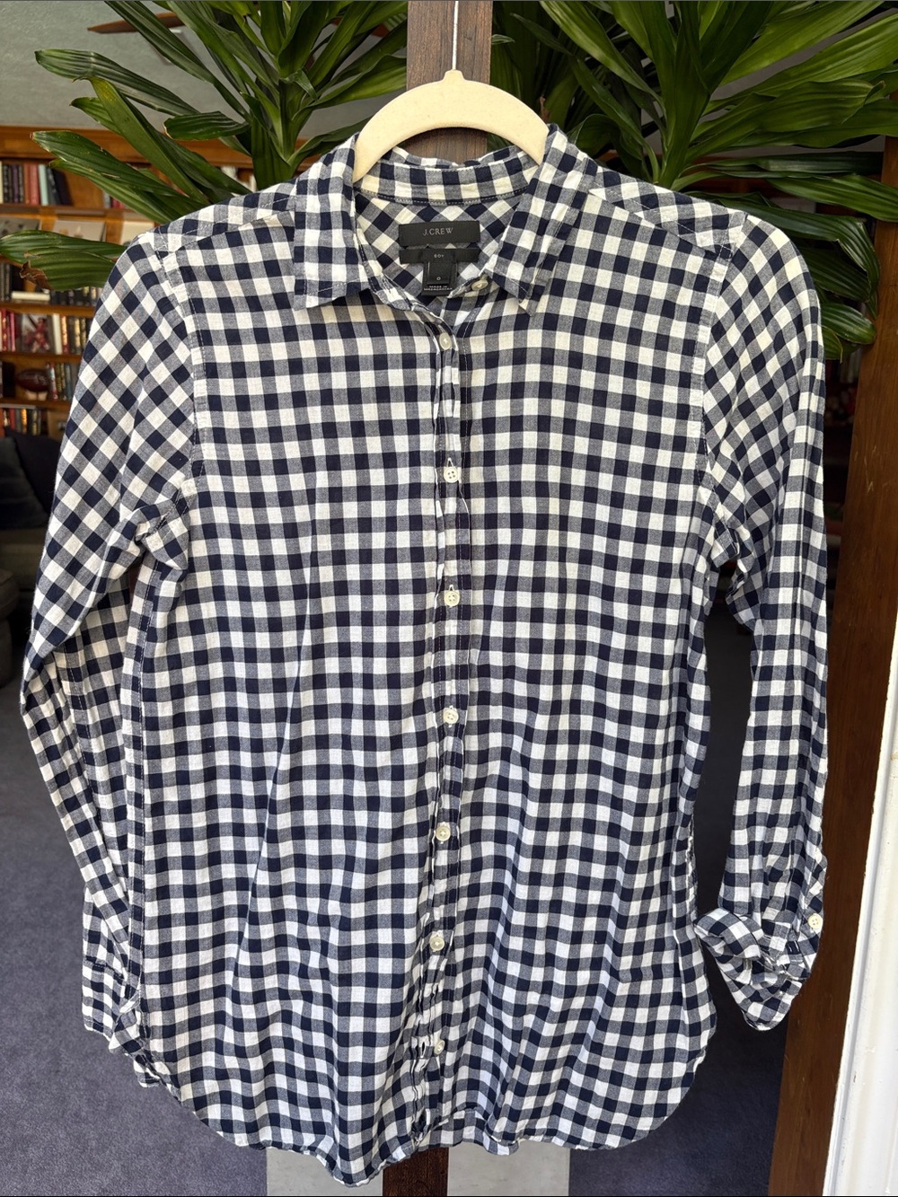 J. Crew Navy and White Gingham Button-Down Shirt